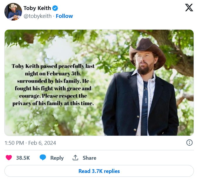 Toby Keith passed away message
